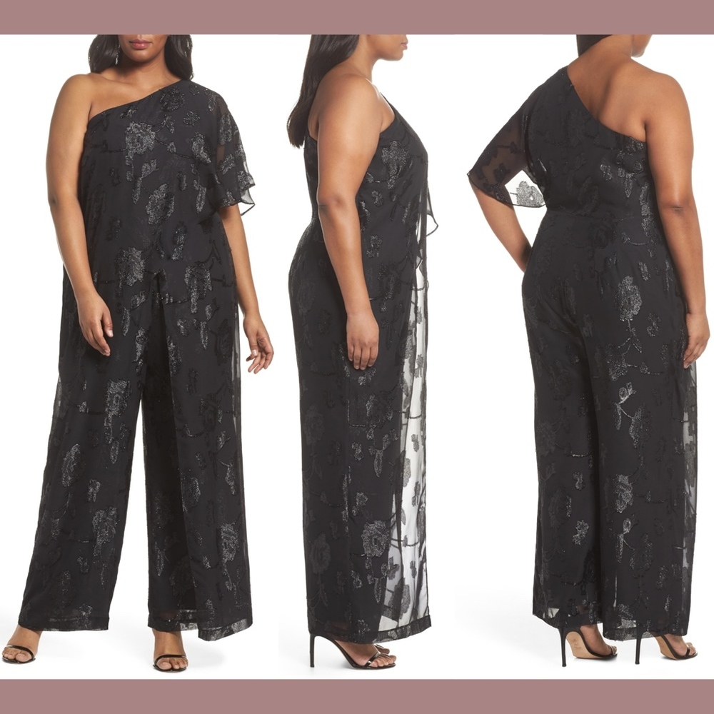 NWT $219 Adrianna Papell Floral Chiffon One-Shoulder Jumpsuit‎ [SZ 24W ]
